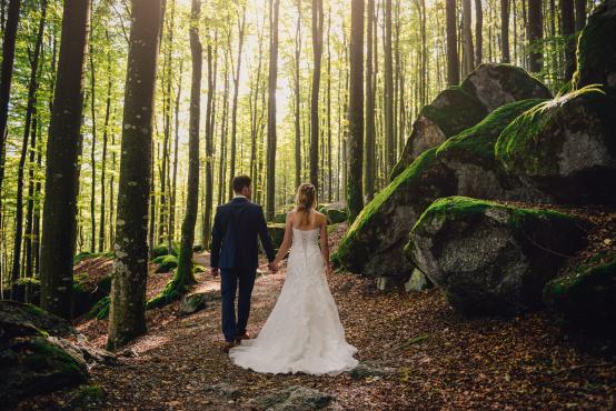 Brautpaar von hinten im Wald